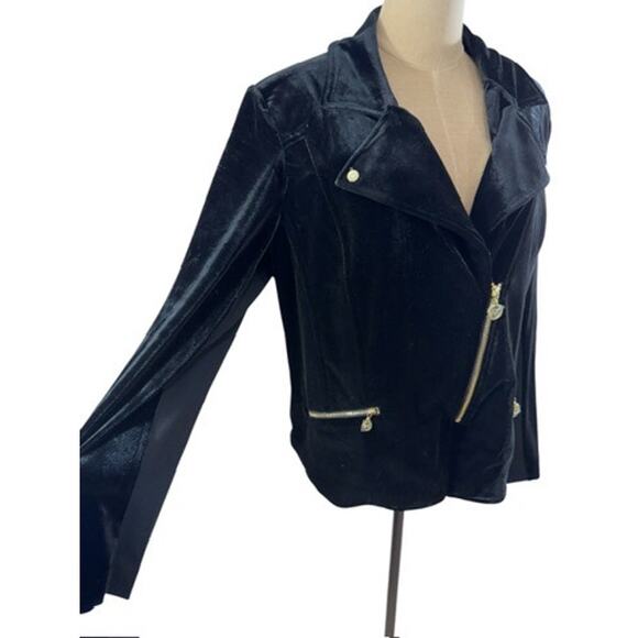 "ANNE KLEIN" Black, Velvet, Biker Jacket ,Lg Gold Hardware ,Zipper Pockets Sz XL - Picture 2 of 12